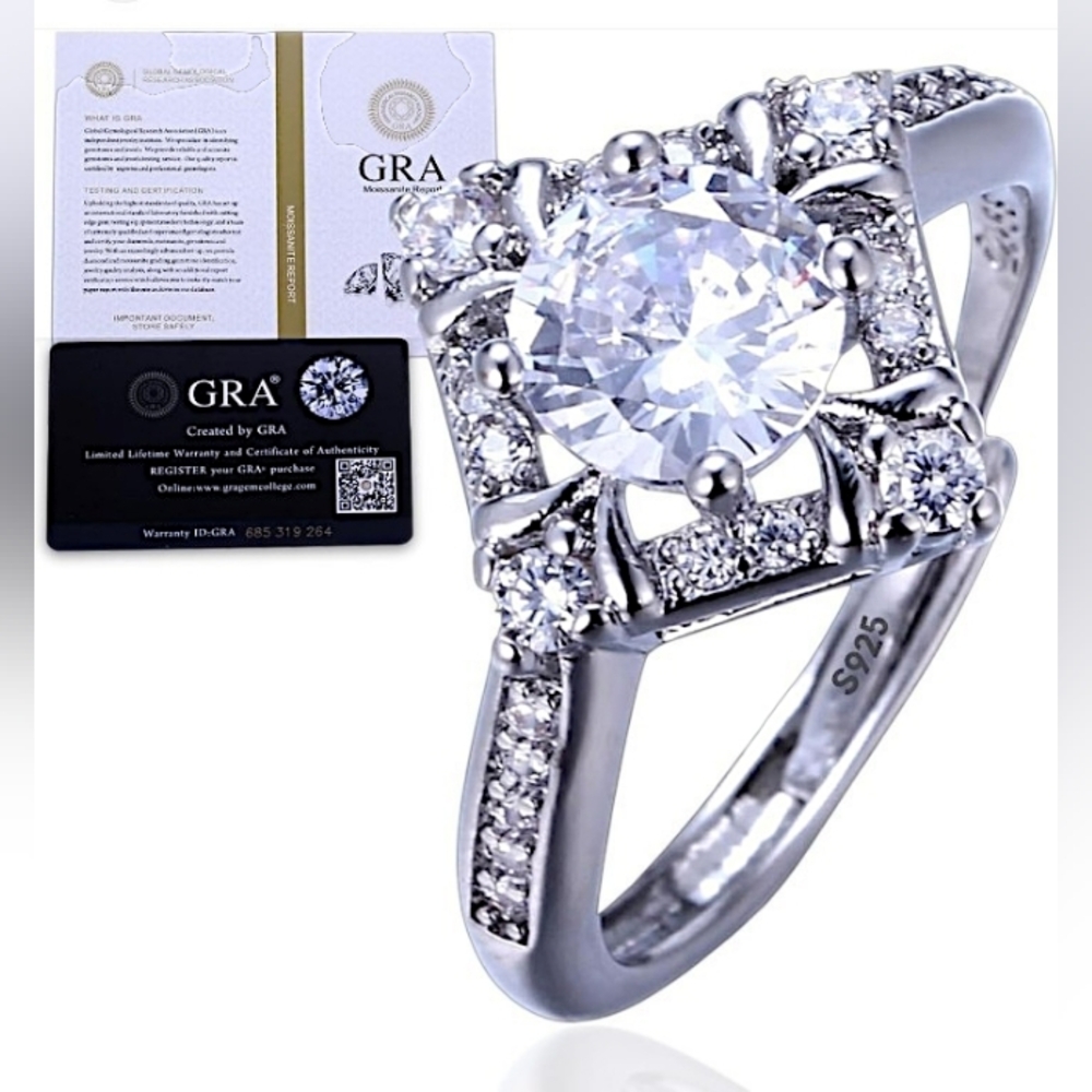 Sterling Silver Moissanite Ring 1CT With GRA Certificate Adjustable NWT Gift Box